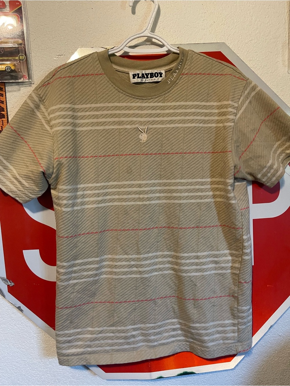 PLAYBOY Short Sleeve Crewneck Tee in Tan with White & Red Stripes